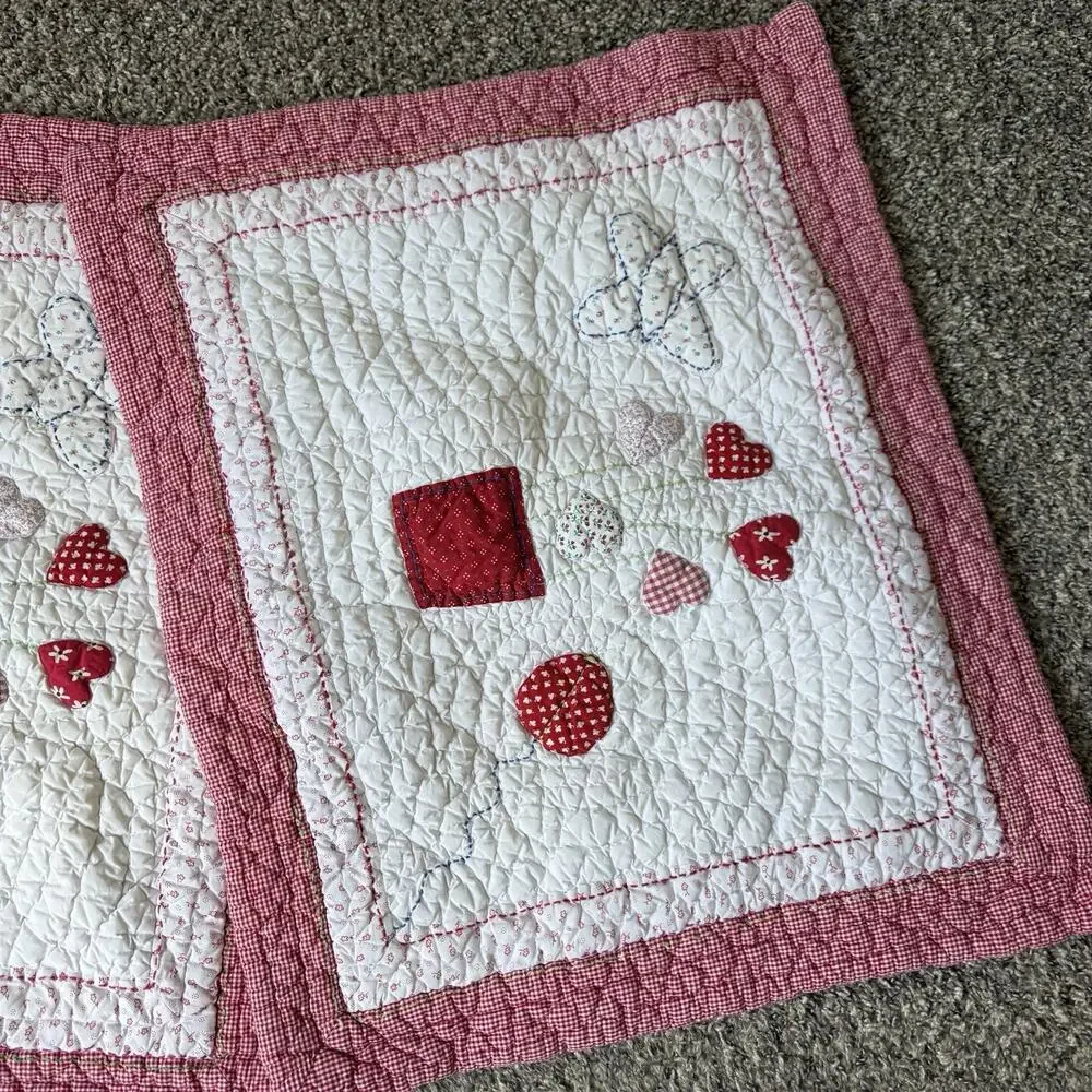 (2) Pottery Barn Kids Quilted Pillowcases Shams Red White Gingham Heart 30 X 24